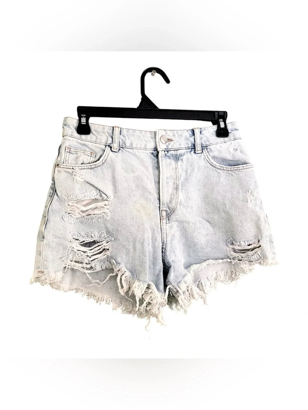 Zara Light Blue Distressed High-Rise Denim Shorts